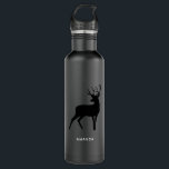 Garrafa Veado com chaminés pretas<br><div class="desc">Garrafa de água com uma imagem com uma rena de silhueta preta com grandes chifres.</div>