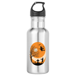 Garrafa Vintage Halloween Bruxa Lua Cemitério Vetor Desi