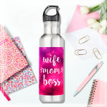 Garrafa Wife Mom Boss Trendy Script Typography Hot Pink<br><div class="desc">“Wife. Mom. Boss.” You know she runs the household and keeps everyone in line. Give her the down time she deserves whenever she uses this colorful, sassy, inspirational water bottle. With bold, white handwriting script on a purple pink bokeh background, this unique stainless steel bottle will help jump start her...</div>