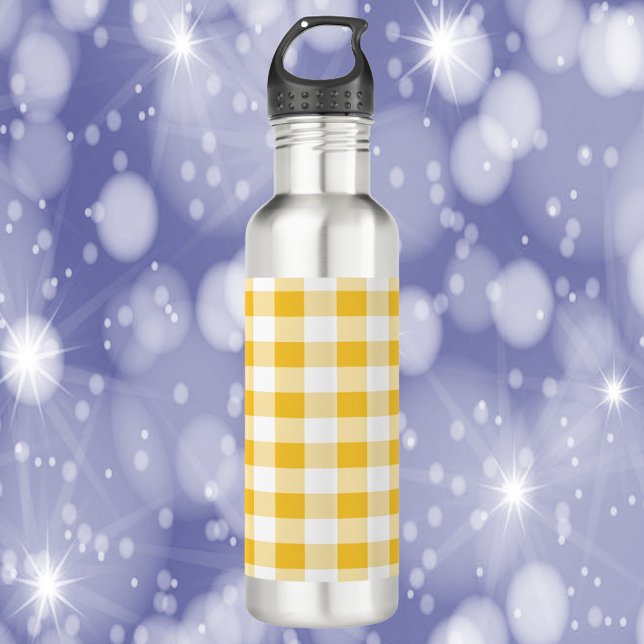 Garrafa Xadrez Gingham Amarelo e Branco (A water bottle with a yellow and white gingham pattern)