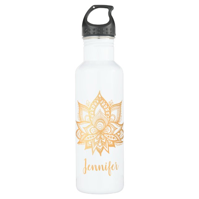 Garrafa Yoga - Nome Personalizado do Flor do Lotus Dourado (Frente)