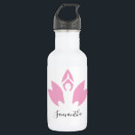 Garrafa Yoga, Pink Lotus, silhueta, escrita moderna,<br><div class="desc">Uma imagem de flor de lótus com uma silhueta de yoga. Personalize com o nome dela.</div>