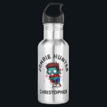 Garrafa Zombie Hunter com Splatter Legal<br><div class="desc">Uma garrafa de água macabra personalizada com um zumbi legal, vestindo roupas rasgadas e esfarrapadas com braços estendidos à procura de brraaaaiinas. Olhos grandes vazios com uma pele podre de cor verde ansiosa. Sangue espalha atrás de sua cabeça. Texto diz caçador de zumbis, em letra curvada e também é personalizável...</div>
