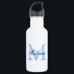 Garrafas de água de casamento de monograma azul pe<br><div class="desc">Garrafas de água de casamento personalizadas. Letra inicial do nome da Vintage com tipografia de caligrafia com script de na moda para nome. Design de monograma clássico para chá de panela de chic rustic country ou festa de casamento elegante. Personalizável com nome, citação ou título. Faça o seu para a...</div>