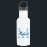 Garrafas de água de casamento de monograma azul pe<br><div class="desc">Garrafas de água de casamento personalizadas. Letra inicial do nome da Vintage com tipografia de caligrafia com script de na moda para nome. Design de monograma clássico para chá de panela de chic rustic country ou festa de casamento elegante. Personalizável com nome, citação ou título. Faça o seu para a...</div>
