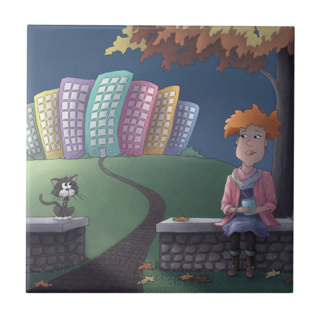 Gata no parque Azulejo cerâmico (Frente)