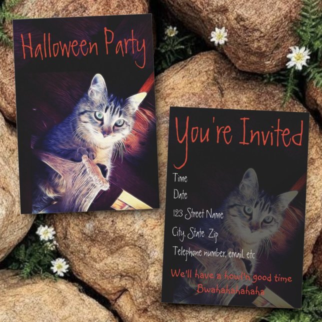 Gatinho Aglow Fechar Convite de Fotografia (Halloween party invitation template front and back)