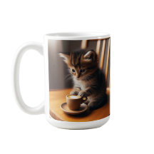 Gatinho bonito sentado numa cadeira com uma xícara