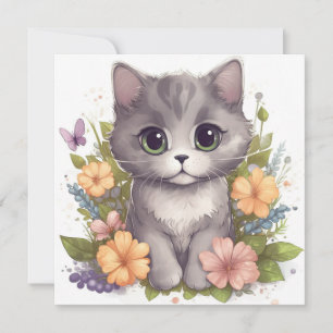 Gatinho de Cinzas bonitas com flores Kawaii Chibi
