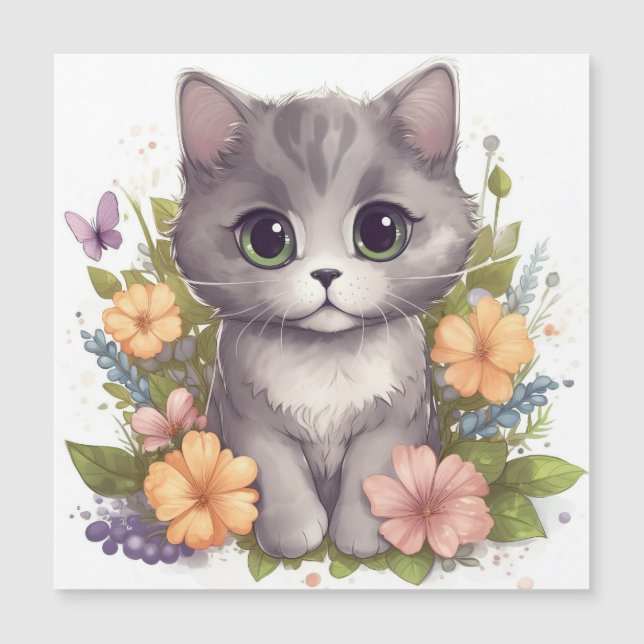 Gatinho de Cinzas bonitas com flores Kawaii Chibi (Frente)