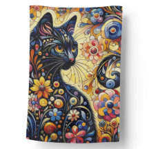 Gatinho de Gato Preto Floral Branco Amarelo