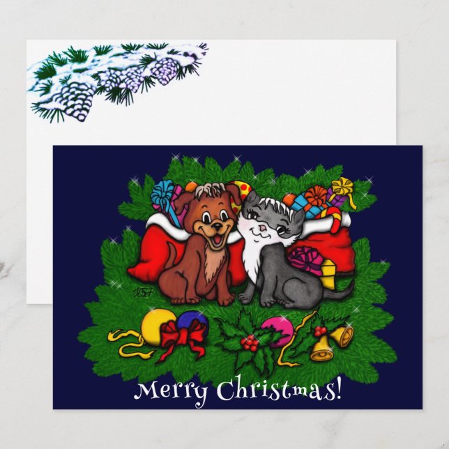 Gatinho e puppy, placa XMas feliz (Frente/Verso)