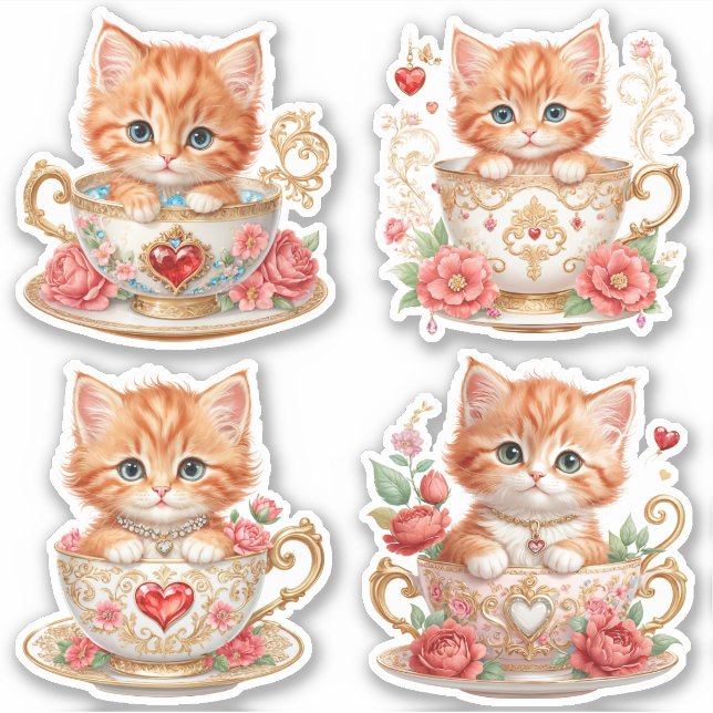 Gatinho Elegante em Xícara Adesivos -  Design Flor (Frente)