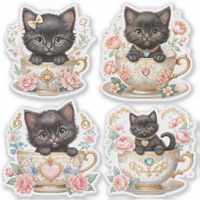 Gatinho Elegante nos adesivos Teacup - Design Flor (Frente)