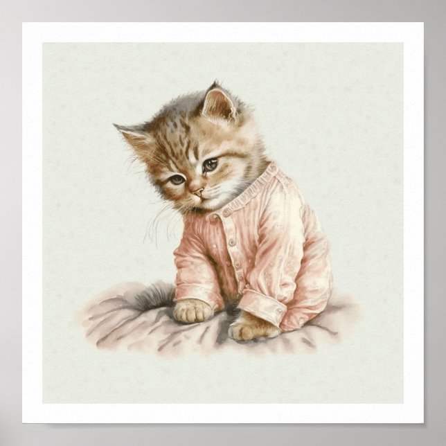 Gatinho fofo em pijama rosa pôster impressão (Frente)