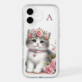 Gatinho Monograma Cinza Branco com Rosas Rosa