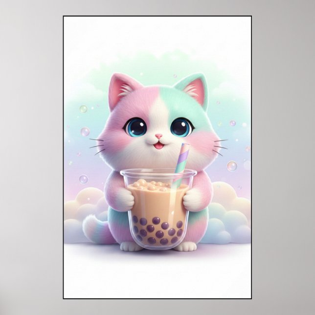 Gatinho Pastel com Poster de Arte de Chá de Bolhas (Frente)