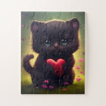 Gatinho Preto Bonito Segurando um Quebra-cabeça de