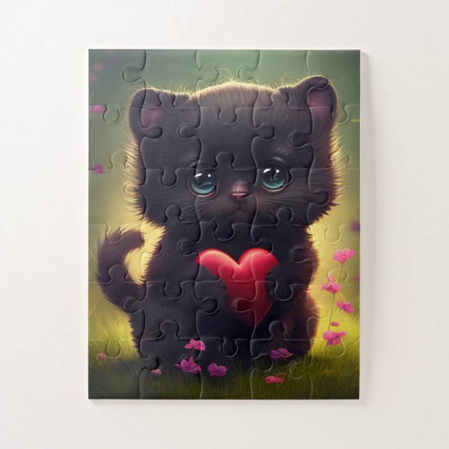Gatinho Preto Bonito Segurando um Quebra-cabeça de (Vertical)