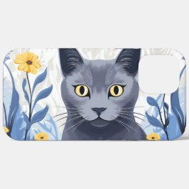 Gato Azul Russo Flores Amarelas