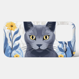 Gato Azul Russo Flores Amarelas