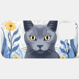 Gato Azul Russo Flores Amarelas