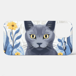 Gato Azul Russo Flores Amarelas