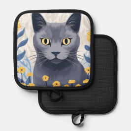 Gato Azul Russo Flores Amarelas