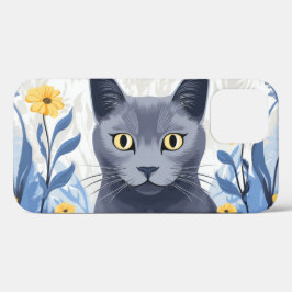 Gato Azul Russo Flores Amarelas