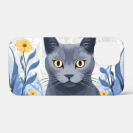 Gato Azul Russo Flores Amarelas