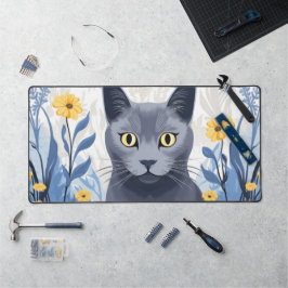Gato Azul Russo Flores Amarelas