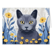 Gato Azul Russo Flores Amarelas Cartão Grande
