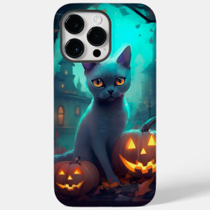 Gato Azul Russo Halloween Com Pumpkins Assustado