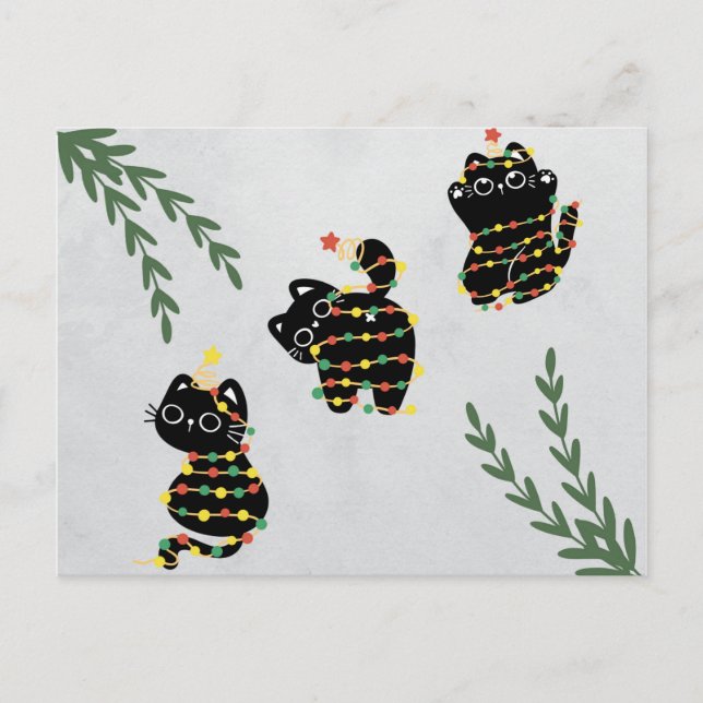 Gato bonitinho de cartão de Natal brincando de bic (Frente)