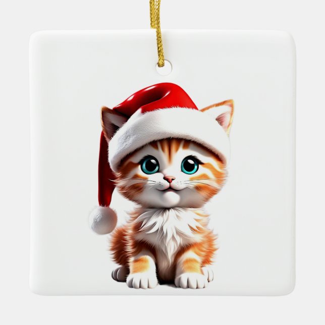 Gato Bonito com Ornamento de Chapéu de Natal (Frente)