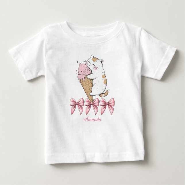 Gato bonito com Sorvete e nome T-Shirt (Frente)
