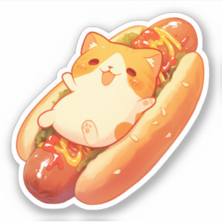 Gato bonito e adesivo de cachorro-quente