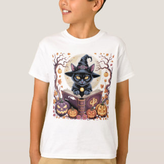 Gato bonito na camiseta do Dia das Bruxas de abóbo