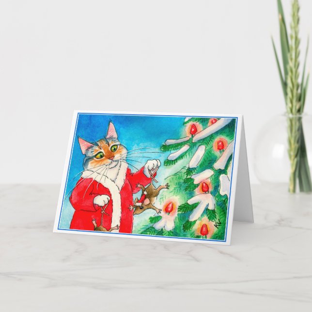 Gato bonito, ratos, cartão da árvore de Natal (Frente)