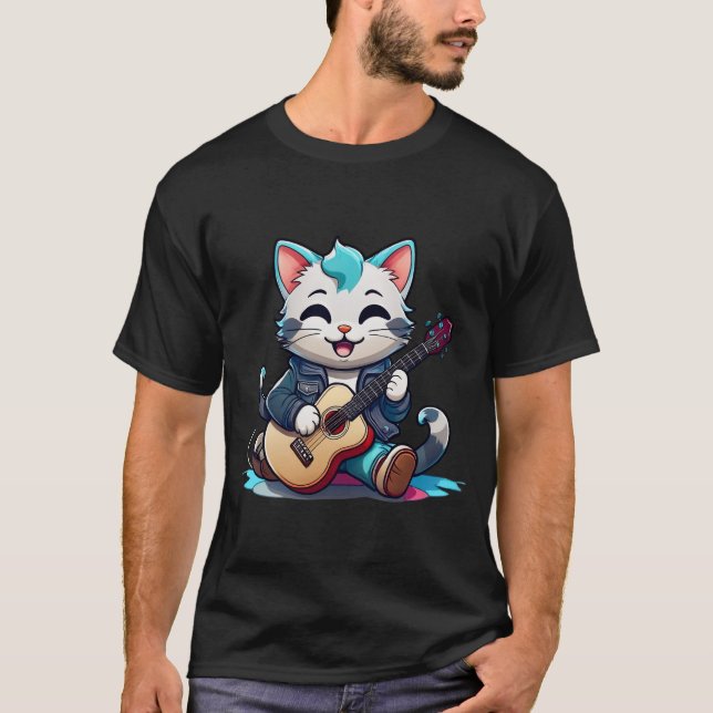 gato bonito toca guitarra t-shirt clássica (Frente)