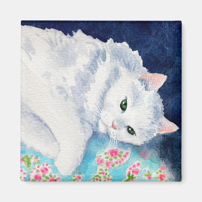 Gato branco com íman de colcha floral (Frente)