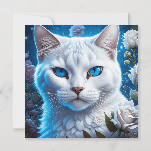 Gato Branco com Olhos Azuis Brilhantes Floral  (Frente)