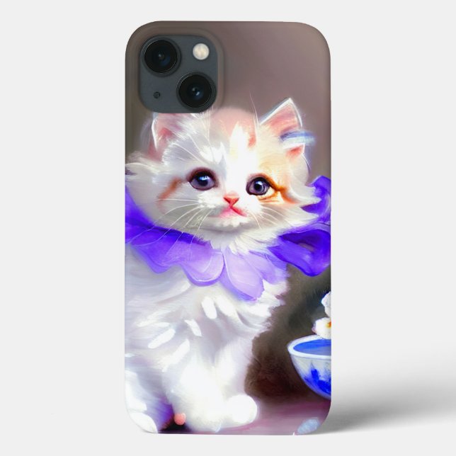 Gato branco com pintura de colarinho de flores rox (Verso)