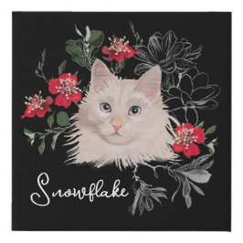 Gato branco com uma tela de flores. Personalizado