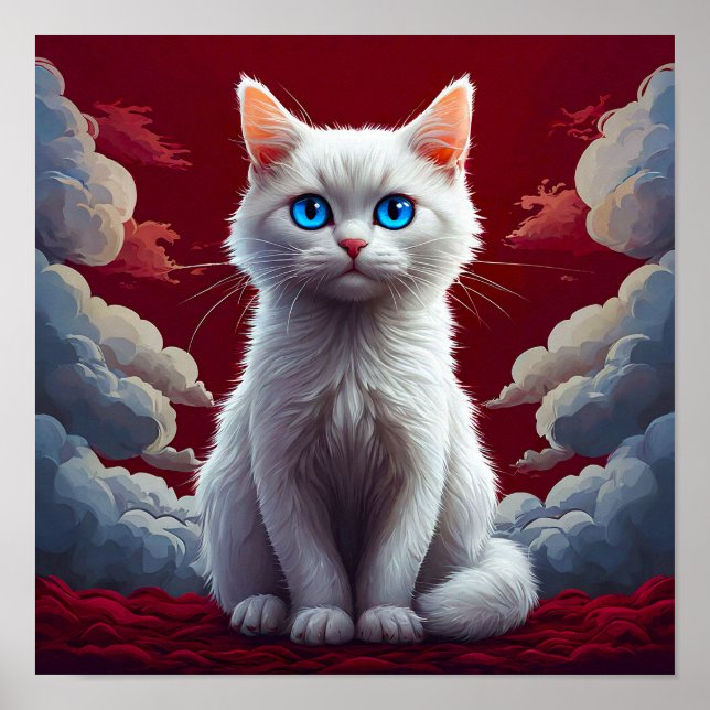 Gato Branco e Nuvens Estética Suave de Impressão A (Frente)