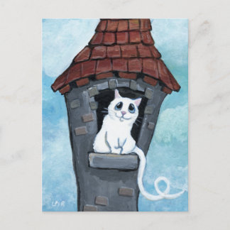 Gato branco em cartões postais de torre de fada
