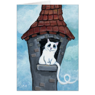 Gato branco em um cartão da torre do conto de