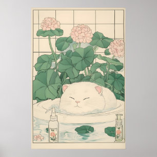 Gato Branco Impressão de Banheira, Arte Japonesa U
