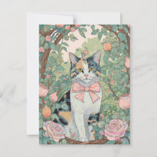 Gato calico com cartão postal de flores
