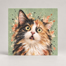Gato Calico Surpreso Divertido Arte Aquarela